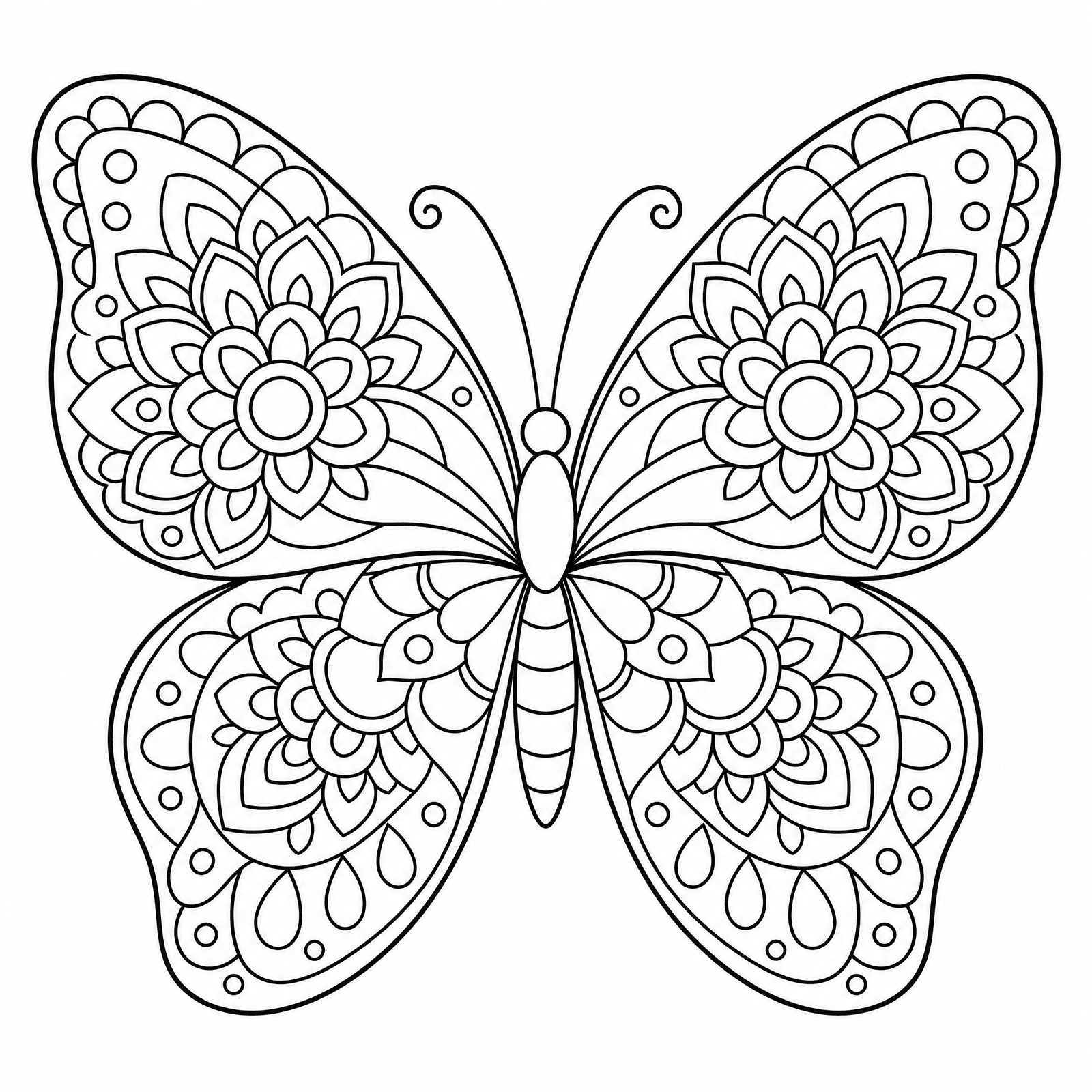 Line-art colouring page of a butterfly with mandala-patterned wings