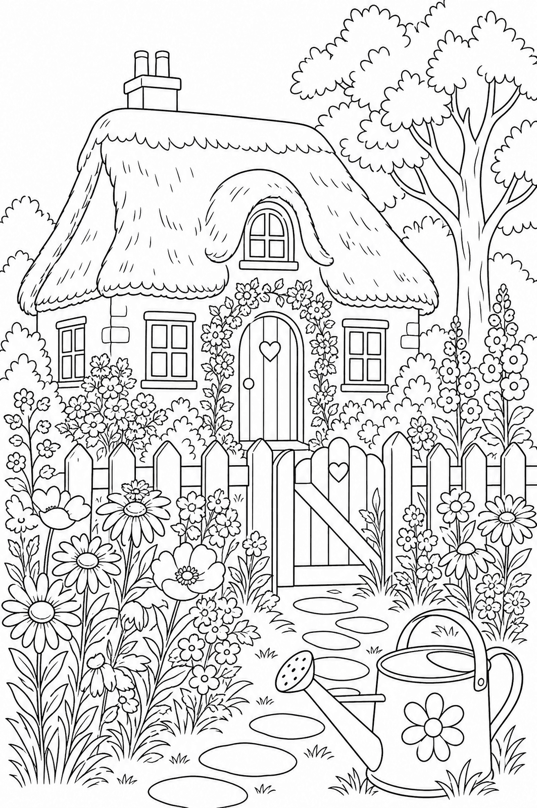 Line-art colouring page of a thatched cottage and flower garden