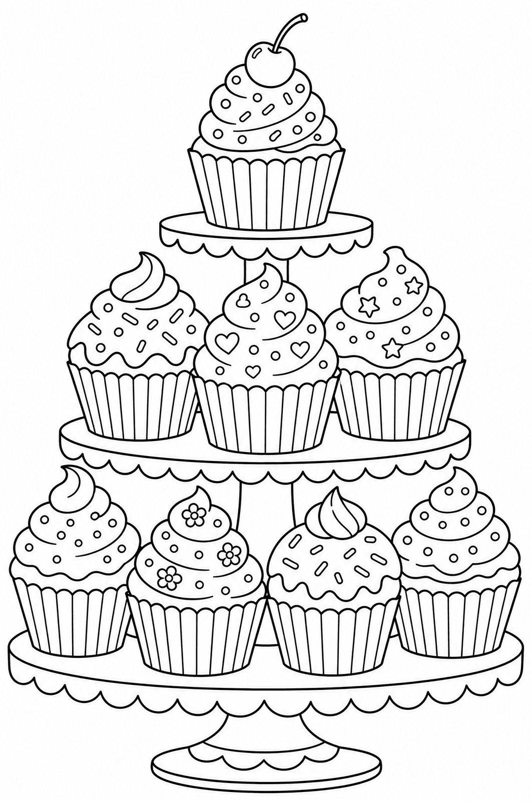 Line-art colouring page of a tiered tower of decorated cupcakes
