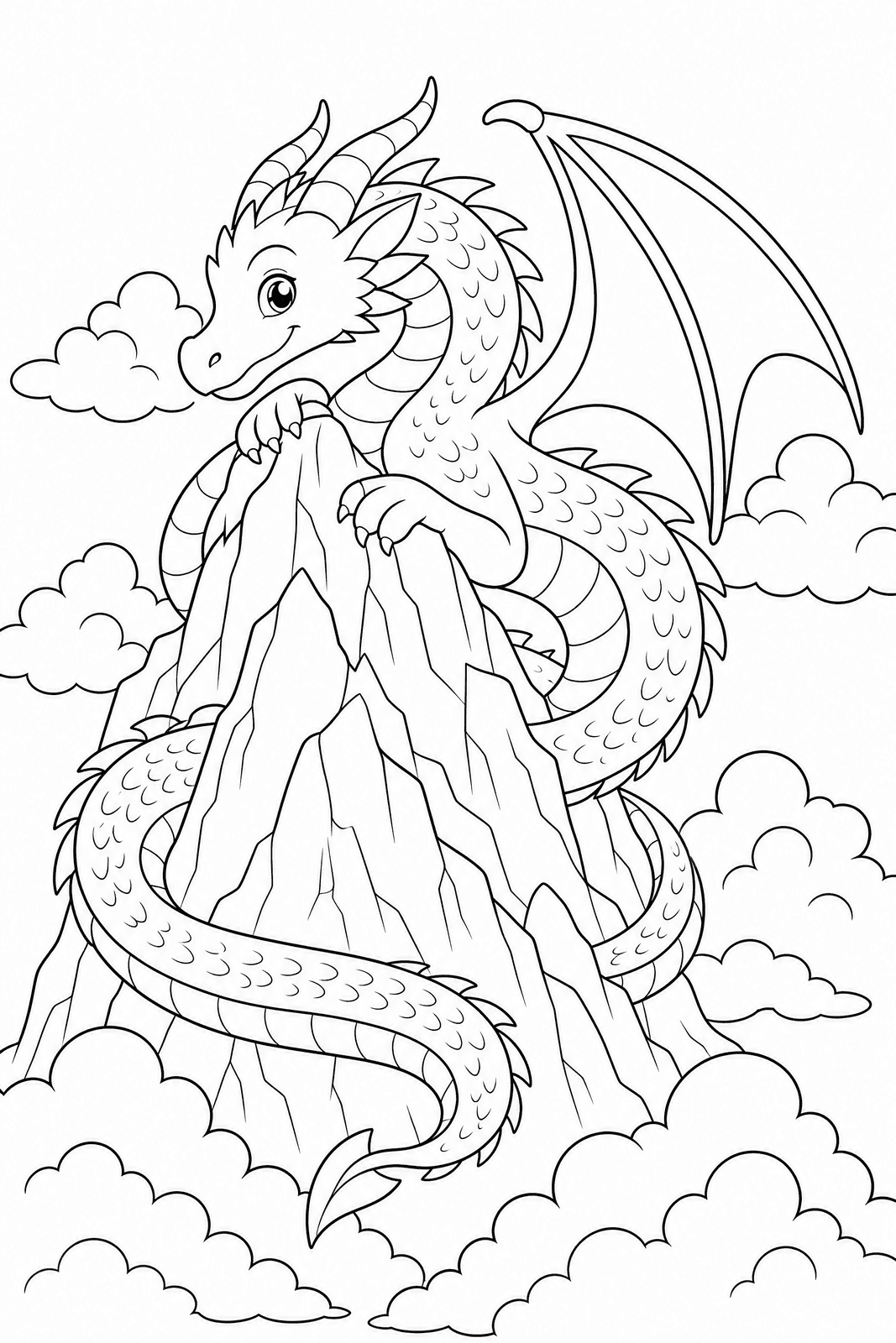 Line-art colouring page of a dragon curled around a mountain peak