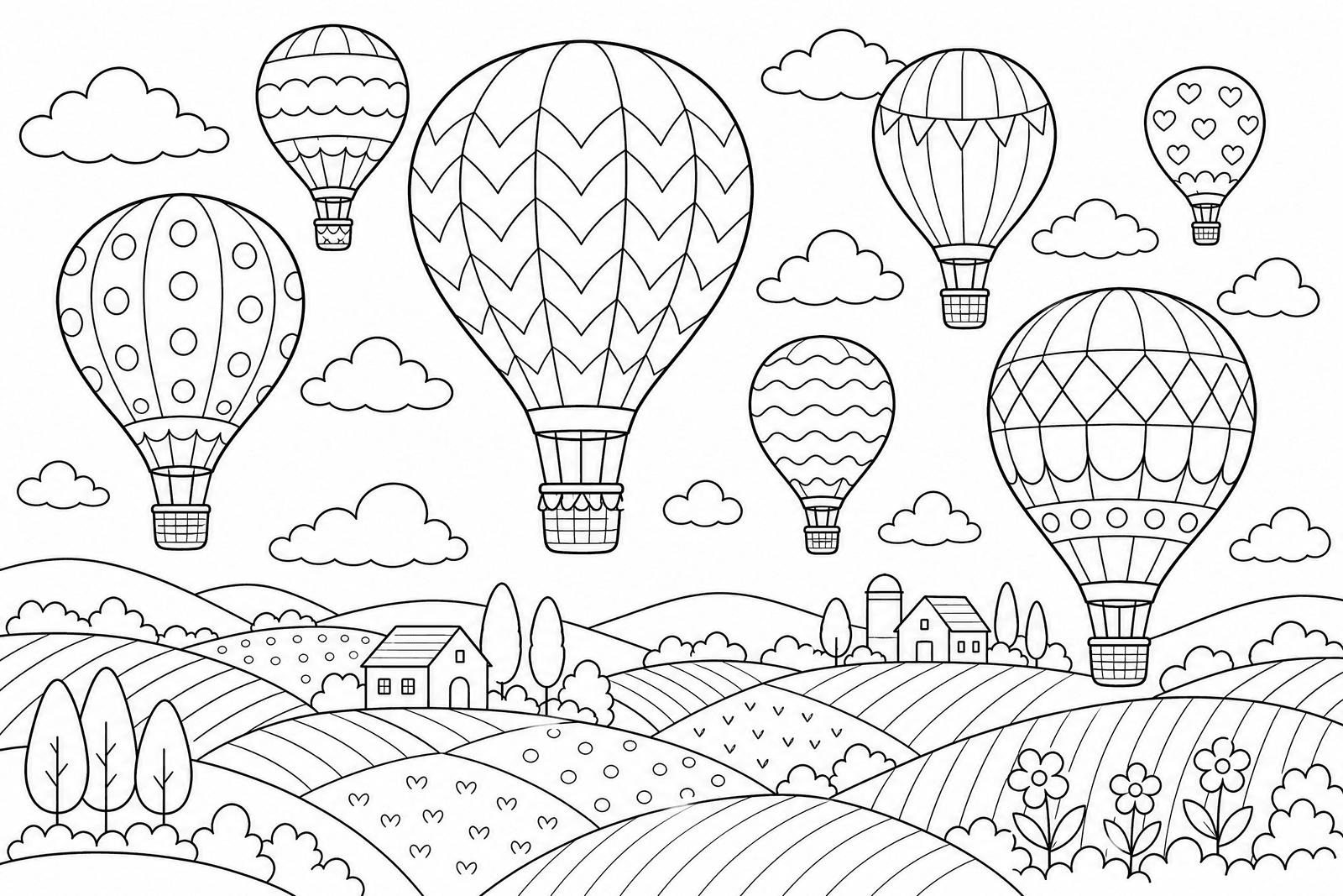 Line-art colouring page of patterned hot air balloons over farmland