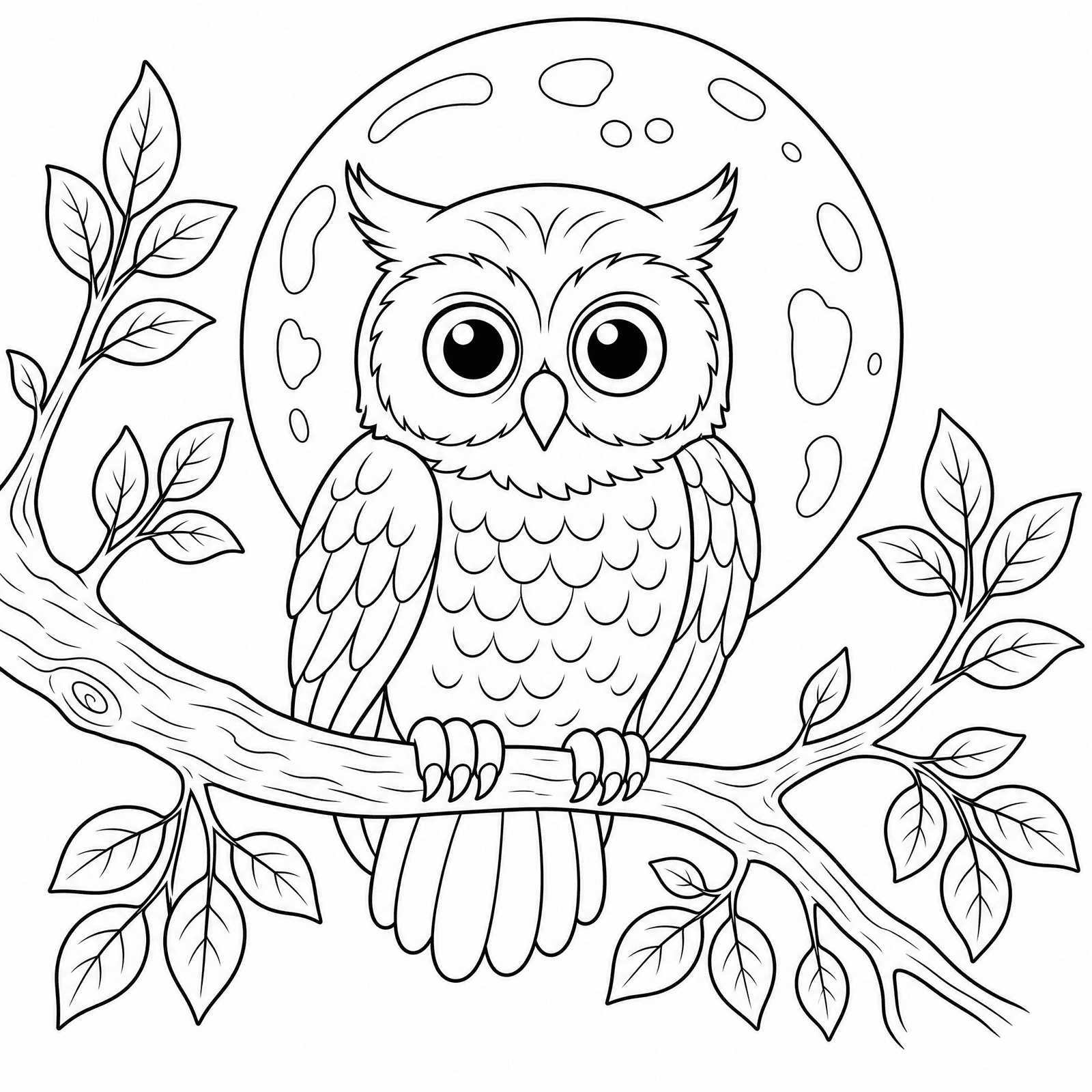 Line-art colouring page of an owl perched in front of a full moon