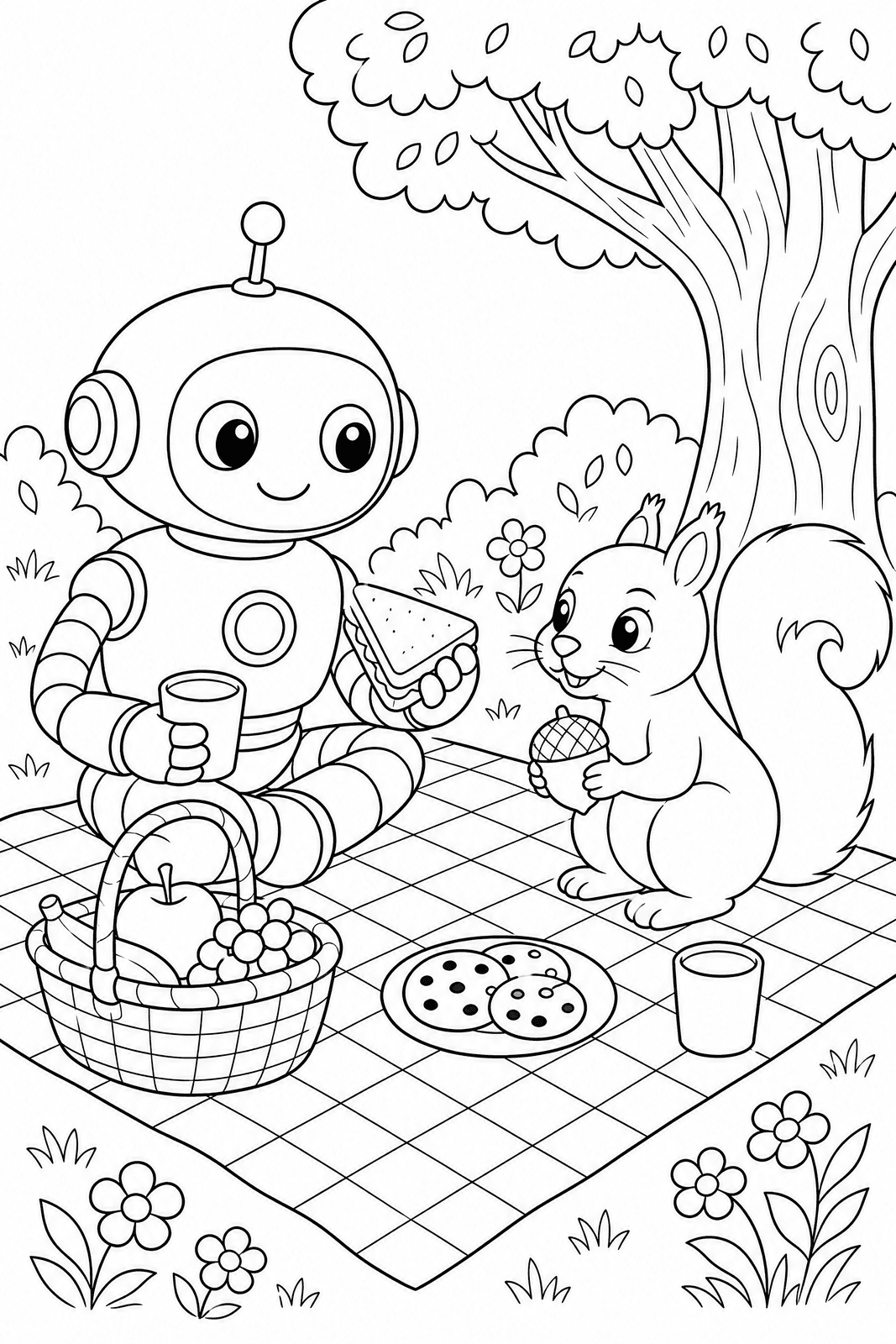 Line-art colouring page of a round robot picnicking with a squirrel