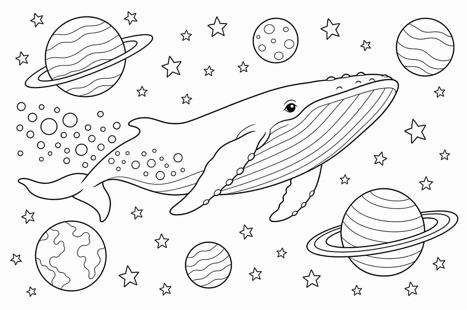 Line-art colouring page of a whale swimming through space past planets