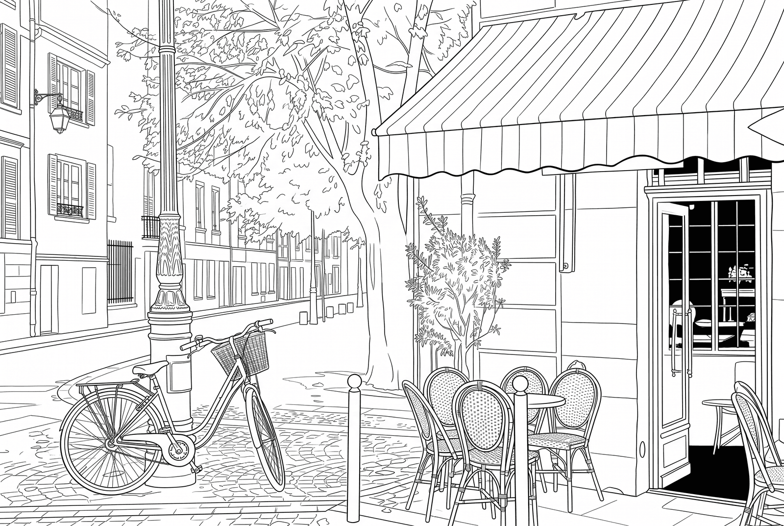The same street corner as a printable black and white colouring page