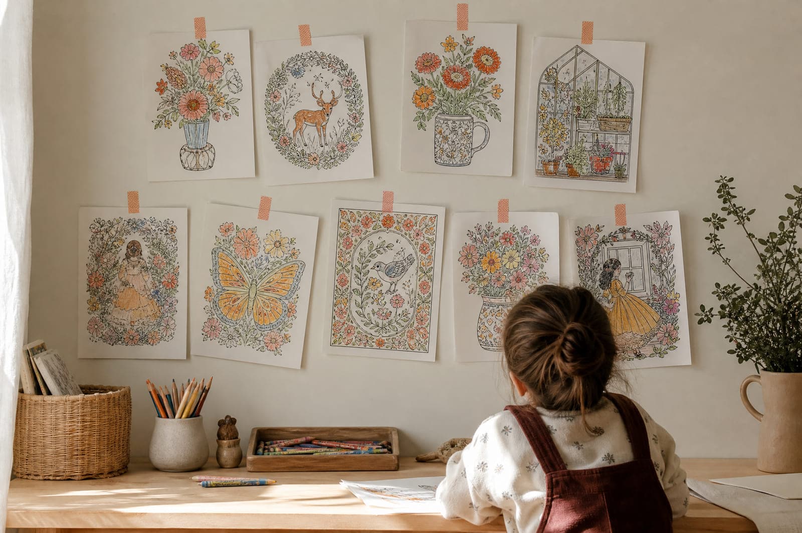 A wall of finished coloured-in pages pinned up with washi tape