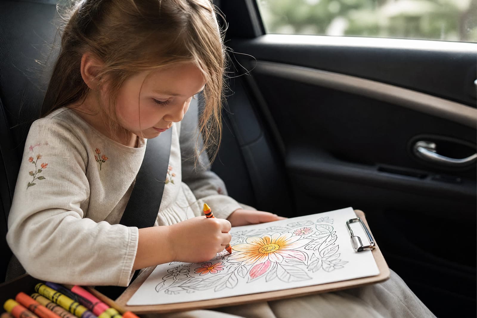 A child colouring a printed page on a clipboard in the back seat of a car